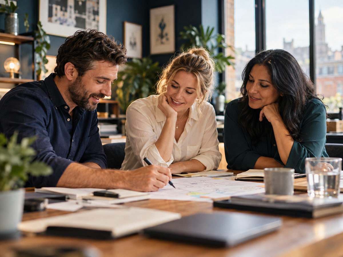 Three people collaborating over papers at a table